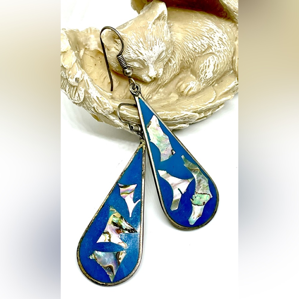 Vintage Abalone Shell Inlay Blue Enamel Alpaca Silver Teardrop Earrings Mexico